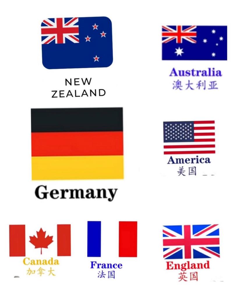 (中国,美国,英国,加拿大)的英文名称和国旗分别是什么?